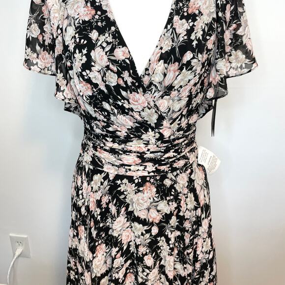 Mac Duggal Floral Print Flutter Sleeve A Line Dress Gown Black 11266 Size 6 New - Picture 5 of 16